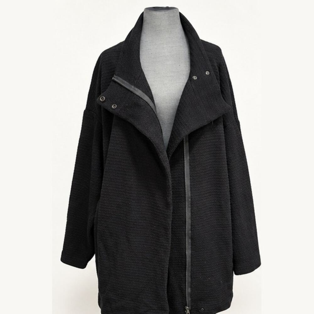 Eileen Fisher Black Textured Asymmetric Zip Jacket Coat Cotton Silk Blend XL